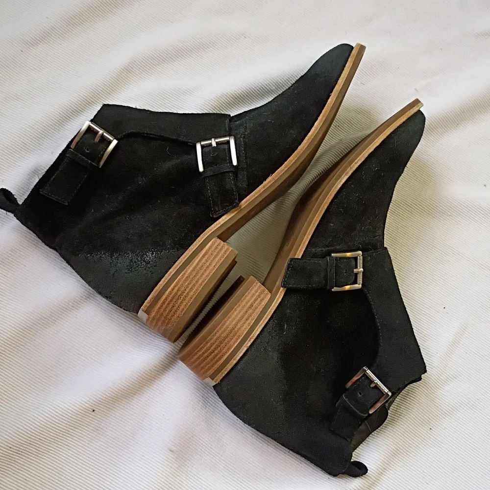 Michael Kors Black Suede Ankle Boots With Monk Flap Detail